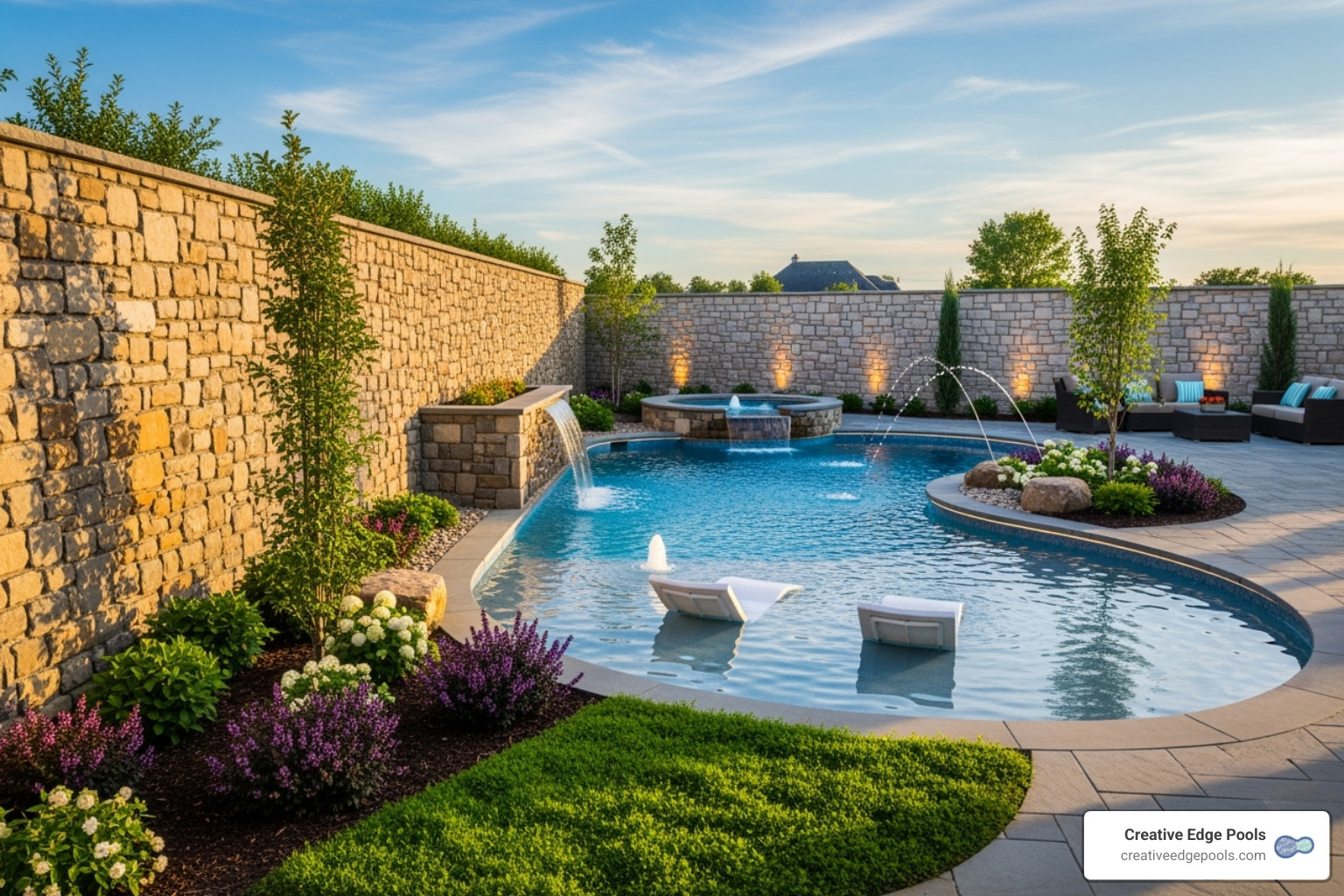 Dry-stack stone wall and mortared stone wall beside a beautiful gunite pool - Stone wall construction NH