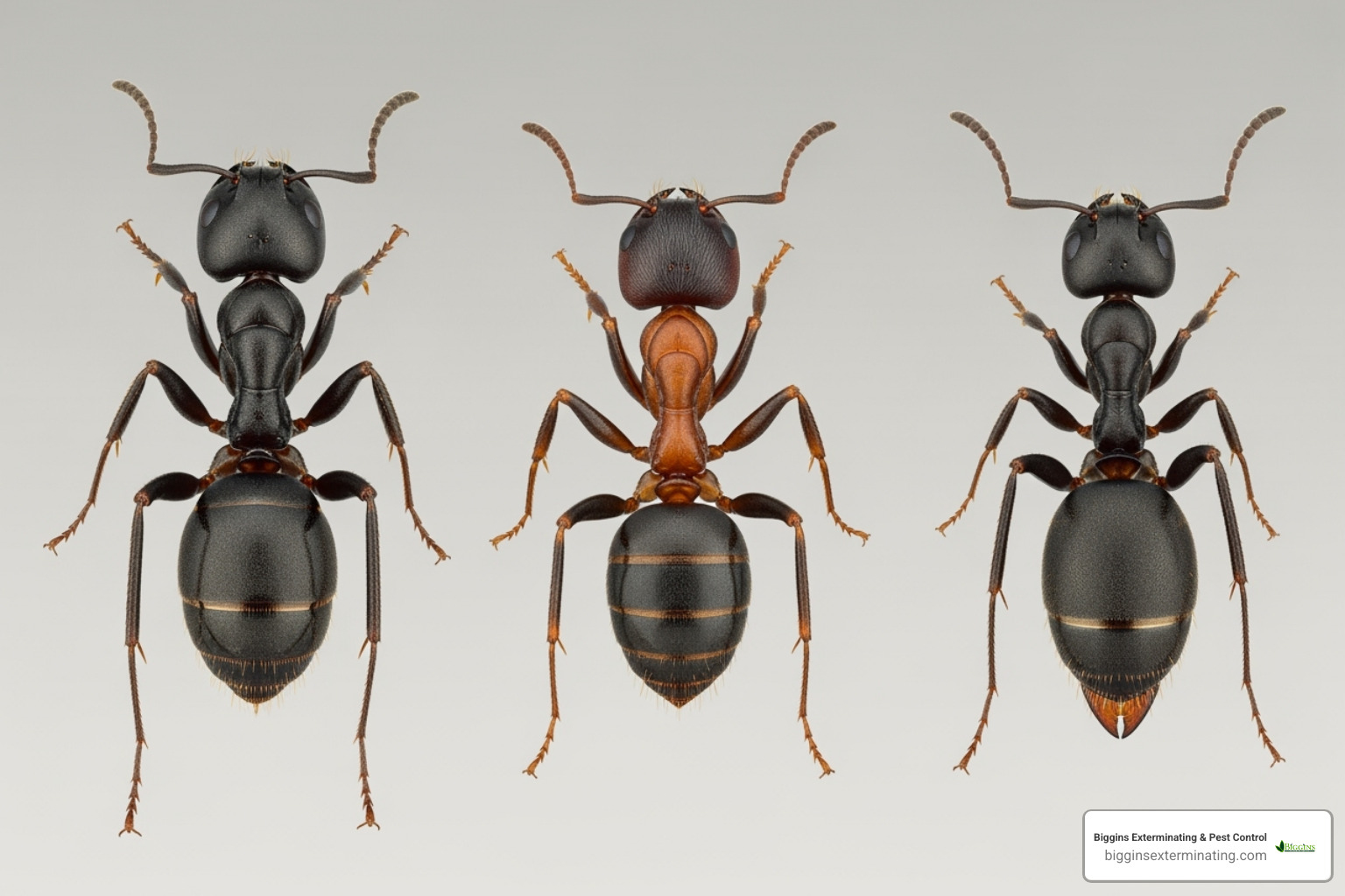 Image comparing common house ants like Carpenter Ants, Pavement Ants, and Odorous House Ants, showing their distinct sizes, colors, and behaviors - Professional ant control services Image comparing common house ants like Carpenter Ants, Pavement Ants, and Odorous House Ants, showing their distinct sizes, colors, and behaviors - Professional ant control services