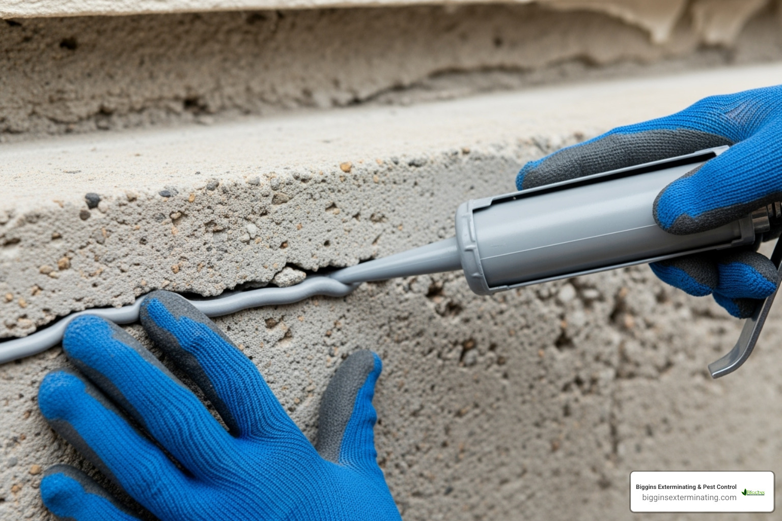 Image of a homeowner sealing a crack in their foundation with caulk, illustrating a preventative measure against pests - Professional ant control services Image of a homeowner sealing a crack in their foundation with caulk, illustrating a preventative measure against pests - Professional ant control services