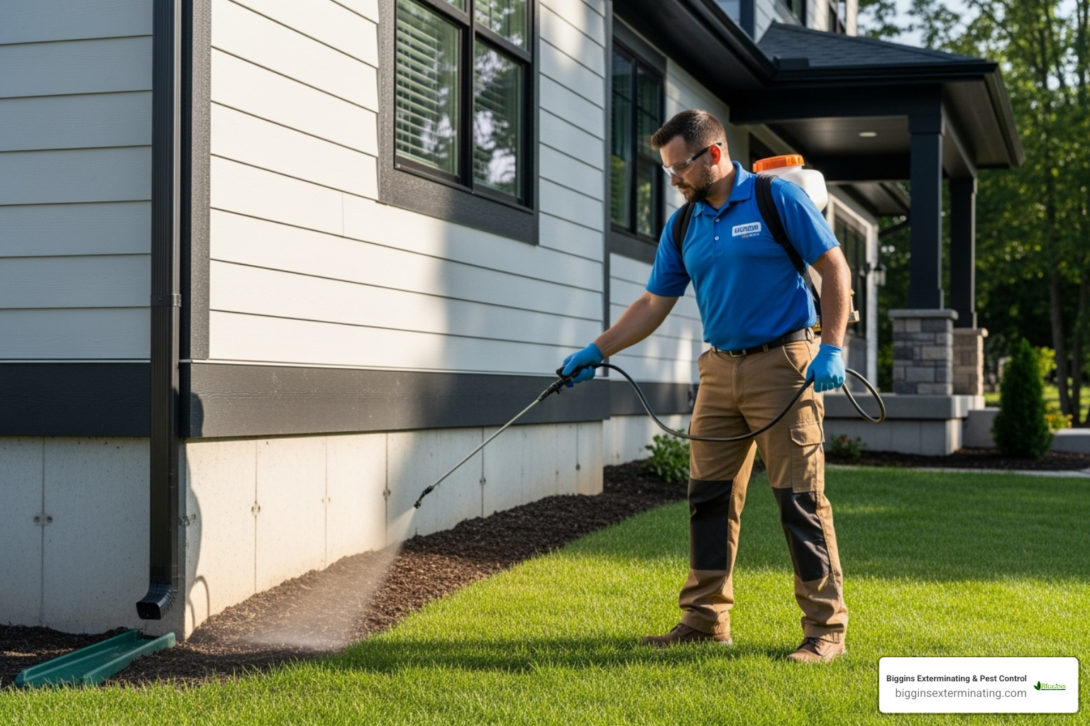 Image of a pest control technician treating the exterior of a home, spraying a barrier treatment along the foundation - Professional ant control services Image of a pest control technician treating the exterior of a home, spraying a barrier treatment along the foundation - Professional ant control services