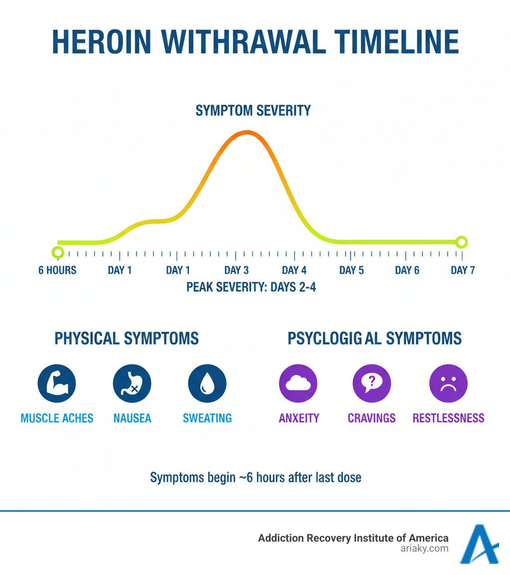 Infographic showing heroin withdrawal timeline from 6 hours after last dose through day 7, including symptom severity peaks at days 2-4 with physical symptoms like muscle aches, nausea, sweating, and psychological symptoms like anxiety and cravings - how to detox from heroin at home infographic  Infographic showing heroin withdrawal timeline from 6 hours after last dose through day 7, including symptom severity peaks at days 2-4 with physical symptoms like muscle aches, nausea, sweating, and psychological symptoms like anxiety and cravings - how to detox from heroin at home infographic