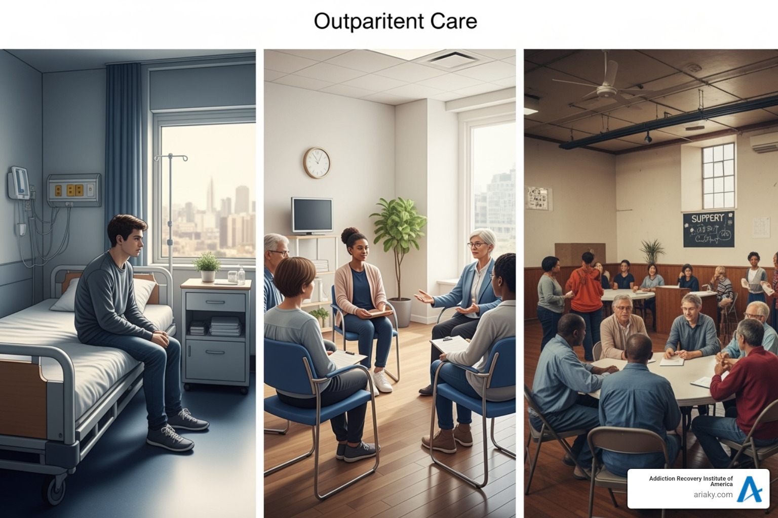 Image showing different levels of care, from inpatient to outpatient settings - how to detox from heroin at home Image showing different levels of care, from inpatient to outpatient settings - how to detox from heroin at home