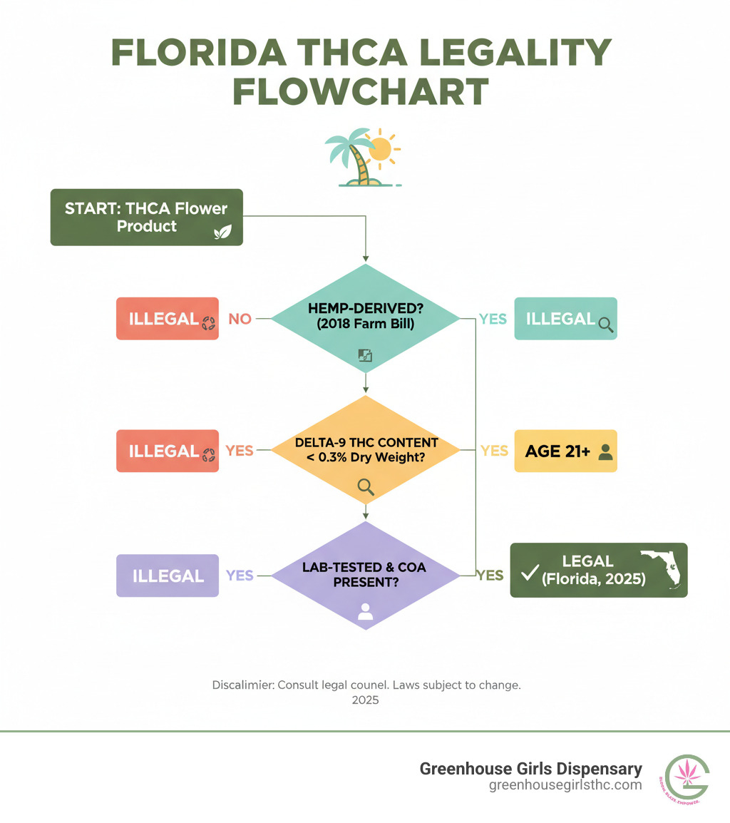 Detailed infographic showing Florida THCA legality flowchart with decision points for Delta-9 THC content, hemp derivation, lab testing requirements, and age restrictions leading to legal vs illegal determinations - is thca flower legal in florida infographic 