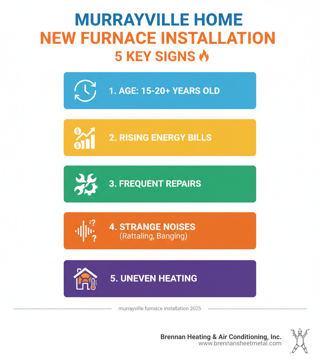Comprehensive guide showing the 5 key signs your Murrayville home needs a new furnace installation, including furnace age over 15-20 years, rising energy bills, frequent repairs, strange noises like rattling or banging, and uneven heating throughout the home - furnace installation murrayville infographic 