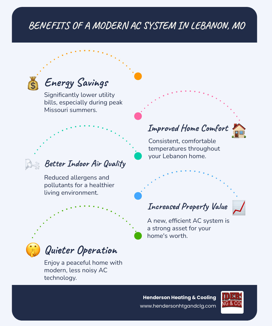 Benefits of new energy-efficient AC system showing cost savings, improved comfort, better air quality, increased home value, and reduced environmental impact with specific percentages and features for Lebanon MO climate - ac installation lebanon mo infographic infographic-line-5-steps-blues-accent_colors