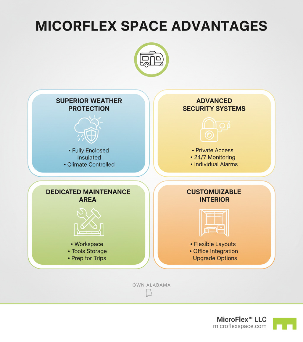 Infographic detailing MicroFlex Space advantages: superior weather protection, advanced security systems, dedicated maintenance area, and customizable interior for RVs. - Microflex Space for RV Storage infographic Infographic detailing MicroFlex Space advantages: superior weather protection, advanced security systems, dedicated maintenance area, and customizable interior for RVs. - Microflex Space for RV Storage infographic