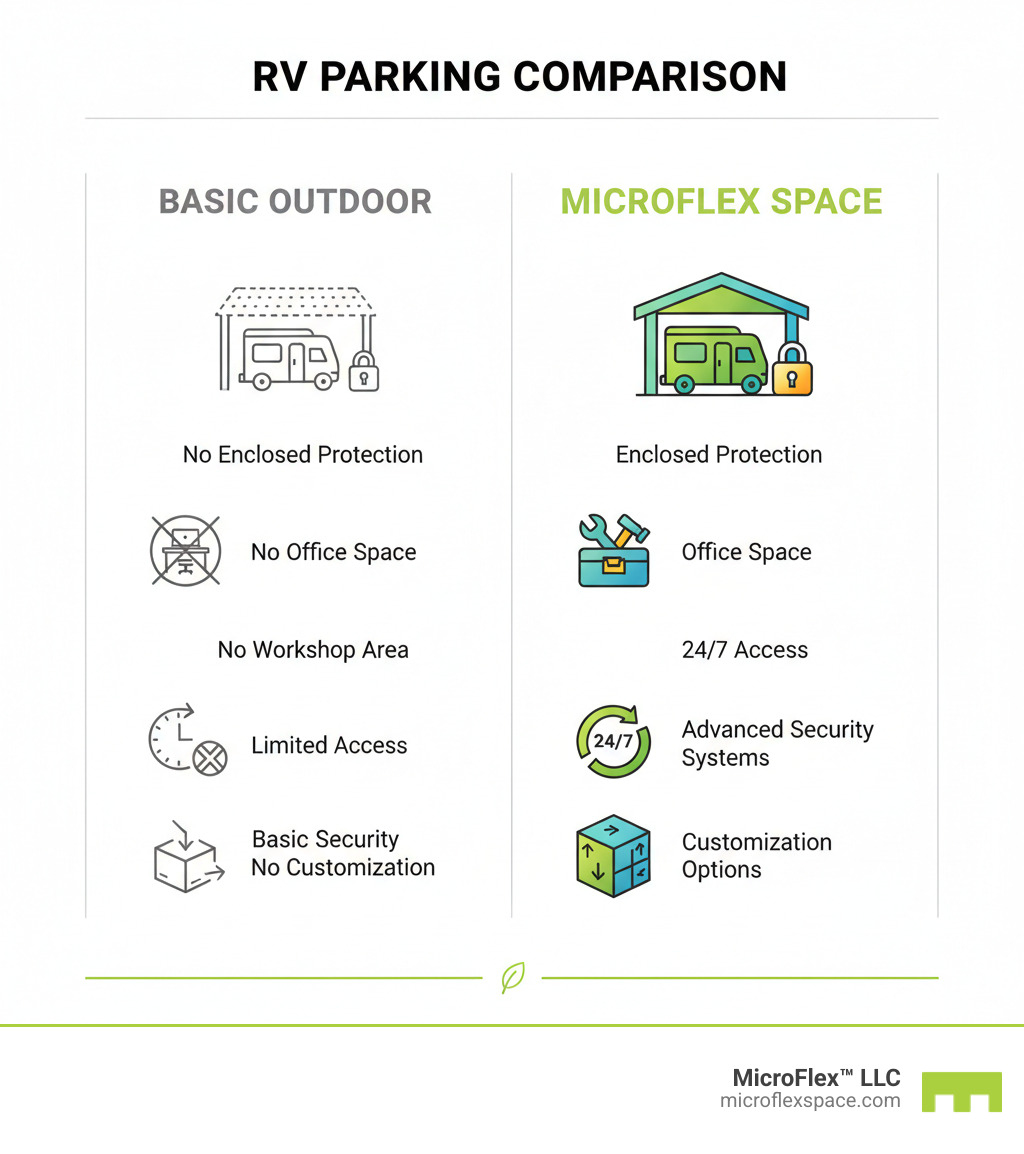 Comparison infographic showing basic outdoor RV parking versus MicroFlex Space features including enclosed protection, office space, workshop area, 24/7 access, security systems, and customization options - Microflex Space for RV Storage infographic Comparison infographic showing basic outdoor RV parking versus MicroFlex Space features including enclosed protection, office space, workshop area, 24/7 access, security systems, and customization options - Microflex Space for RV Storage infographic