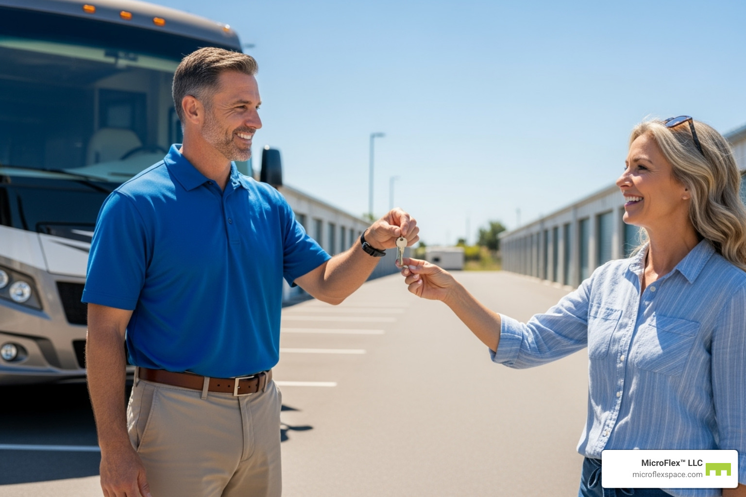 Friendly MicroFlex manager handing keys to a happy RV owner, symbolizing ease of leasing and satisfaction - Microflex Space for RV Storage Friendly MicroFlex manager handing keys to a happy RV owner, symbolizing ease of leasing and satisfaction - Microflex Space for RV Storage