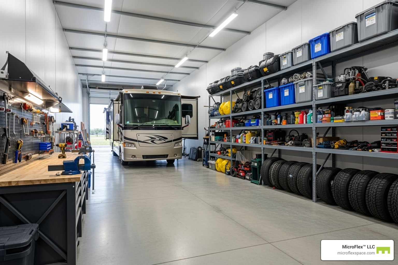 Customized MicroFlex unit with an RV, a workbench for maintenance, and shelving for gear storage - Microflex Space for RV Storage Customized MicroFlex unit with an RV, a workbench for maintenance, and shelving for gear storage - Microflex Space for RV Storage