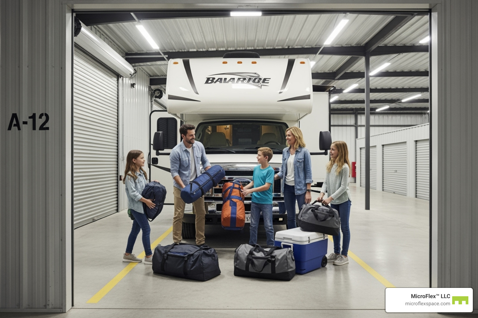 A family happily preparing their RV for a trip, parked in their clean, well-organized MicroFlex unit, demonstrating the convenience and joy of accessible storage - Microflex Space for RV Storage A family happily preparing their RV for a trip, parked in their clean, well-organized MicroFlex unit, demonstrating the convenience and joy of accessible storage - Microflex Space for RV Storage