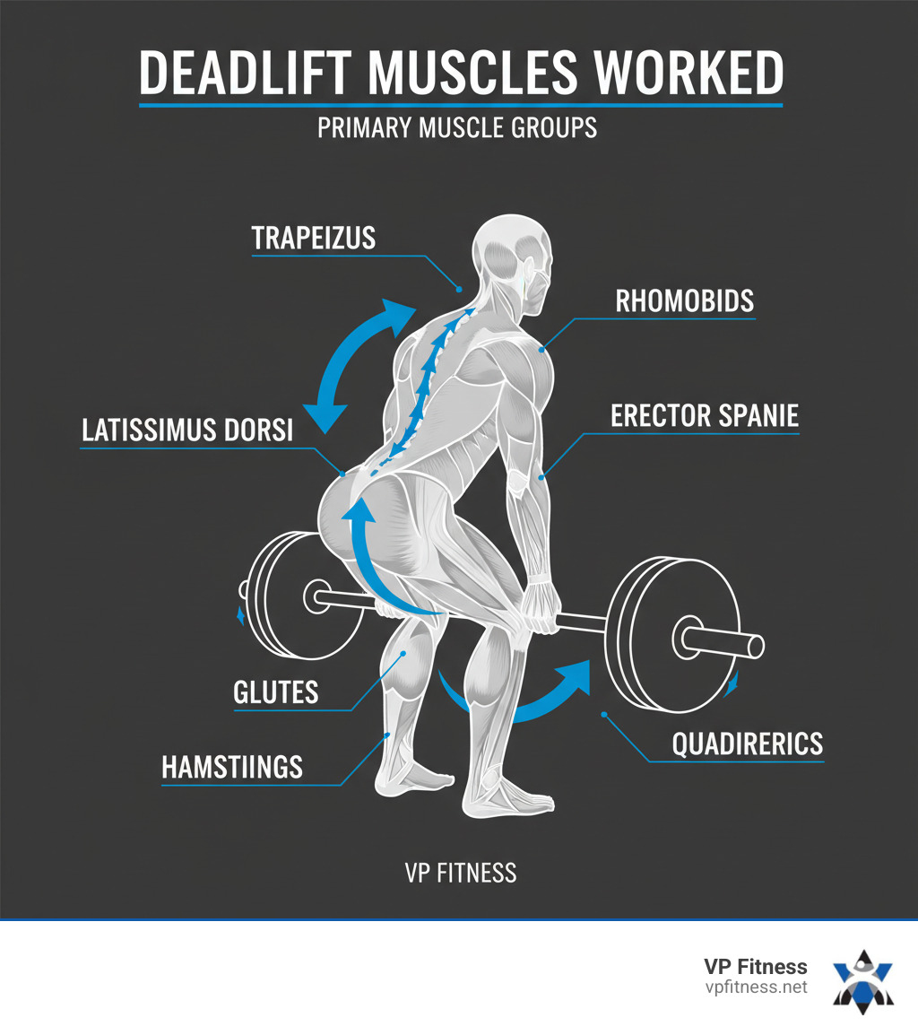Detailed infographic showing the primary muscles worked during a conventional deadlift including erector spinae, glutes, hamstrings, quadriceps, latissimus dorsi, rhomboids, and trapezius with anatomical labels and movement arrows - Deadlift technique tips infographic 