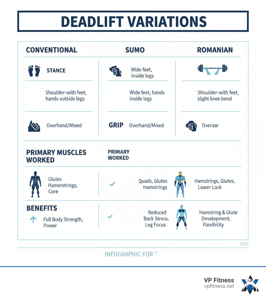 Table comparing Conventional, Sumo, and Romanian Deadlifts on stance, grip, primary muscles worked, and benefits - Deadlift technique tips infographic 