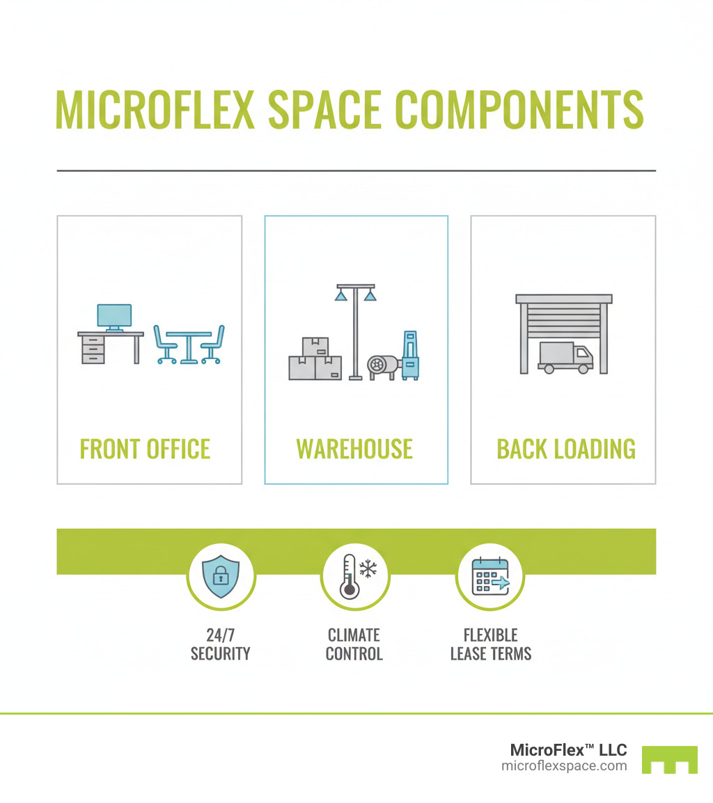 Infographic showing the components of Microflex space for restoration businesses: front office area with desks and meeting space, middle warehouse section with high ceilings and equipment storage, back loading area with roll-up doors for vehicle access, plus amenities like 24/7 security, climate control options, and flexible lease terms - Microflex Space for Restoration Businesses infographic Infographic showing the components of Microflex space for restoration businesses: front office area with desks and meeting space, middle warehouse section with high ceilings and equipment storage, back loading area with roll-up doors for vehicle access, plus amenities like 24/7 security, climate control options, and flexible lease terms - Microflex Space for Restoration Businesses infographic