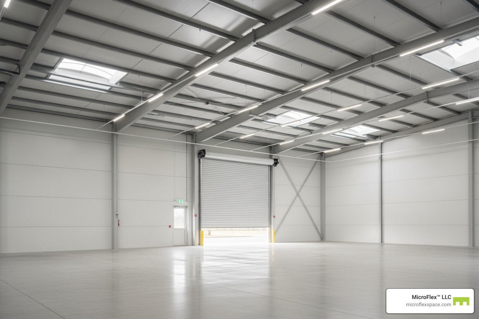 clean warehouse space with high ceilings and roll-up door - Microflex Space for Restoration Businesses clean warehouse space with high ceilings and roll-up door - Microflex Space for Restoration Businesses