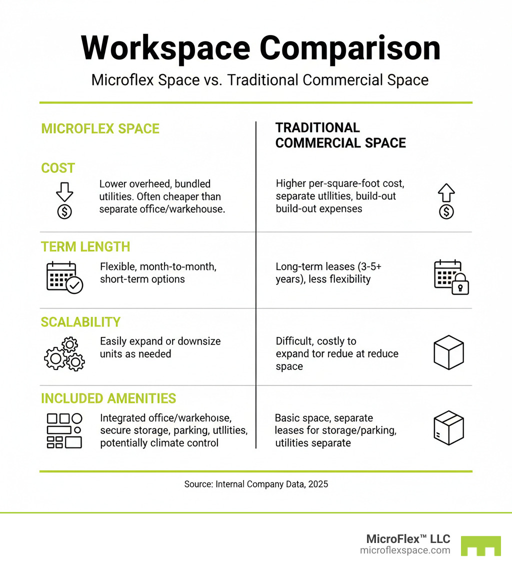 Table comparing Microflex Space vs. traditional commercial space on factors like cost, term length, scalability, and included amenities - Microflex Space for Restoration Businesses infographic Table comparing Microflex Space vs. traditional commercial space on factors like cost, term length, scalability, and included amenities - Microflex Space for Restoration Businesses infographic