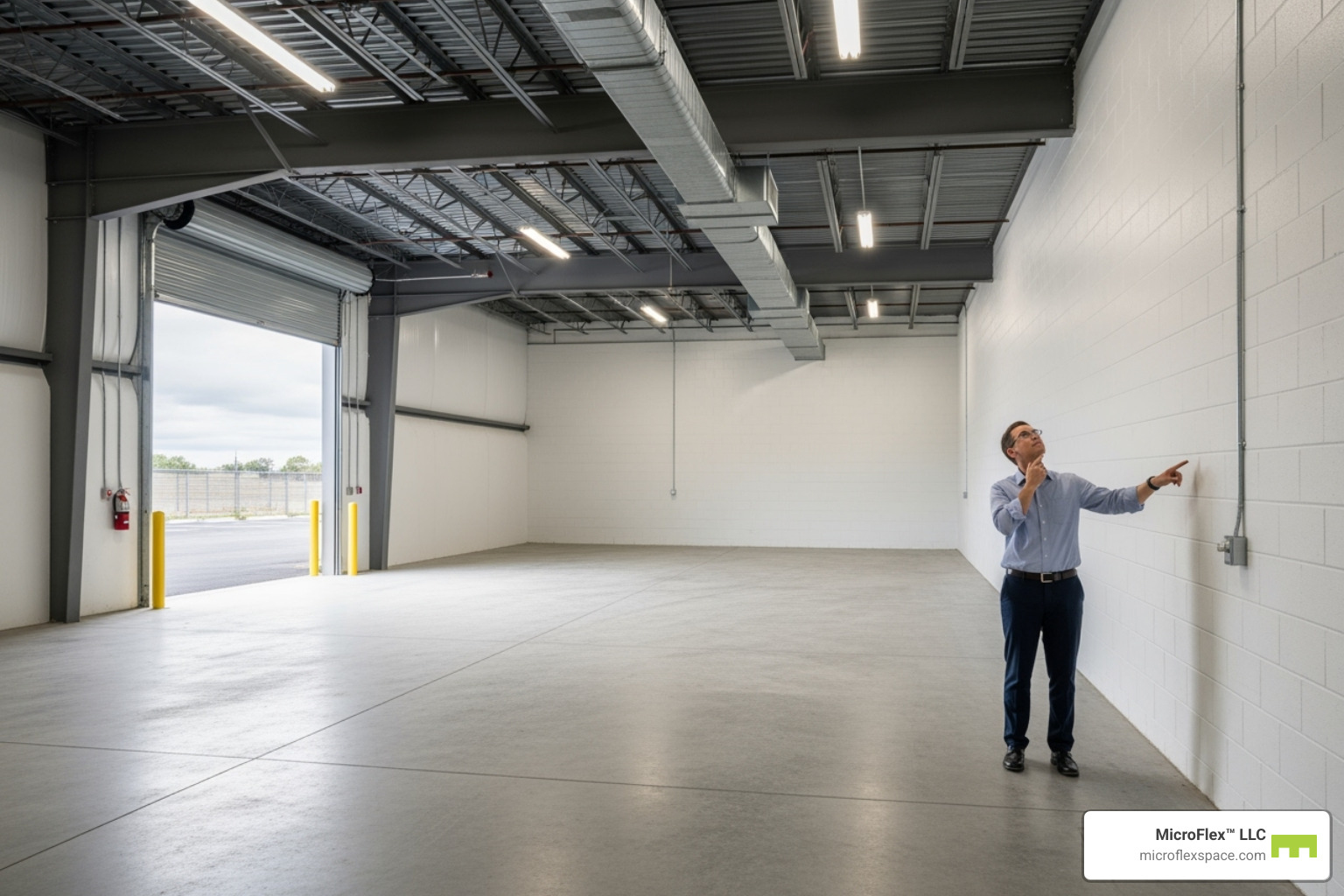 person inspecting a potential Microflex unit - Microflex Space for Restoration Businesses person inspecting a potential Microflex unit - Microflex Space for Restoration Businesses