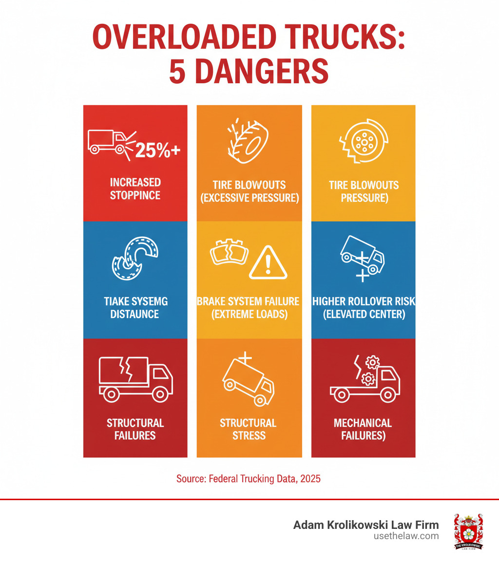 Infographic showing the top 5 dangers of overloaded trucks: 25% increased stopping distance, tire blowouts from excessive pressure, brake system failure under extreme loads, higher rollover risk from liftd center of gravity, and structural stress causing mechanical failures - Overloaded truck accident lawyer infographic Infographic showing the top 5 dangers of overloaded trucks: 25% increased stopping distance, tire blowouts from excessive pressure, brake system failure under extreme loads, higher rollover risk from liftd center of gravity, and structural stress causing mechanical failures - Overloaded truck accident lawyer infographic