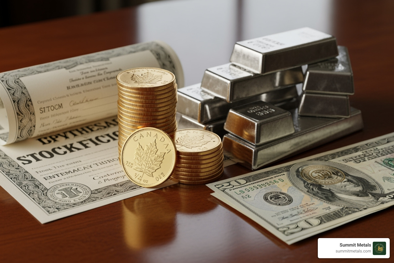 Stack of 1/4 oz Gold Maple Leaf coins next to other investment assets - 1 4 oz gold maple leaf coin