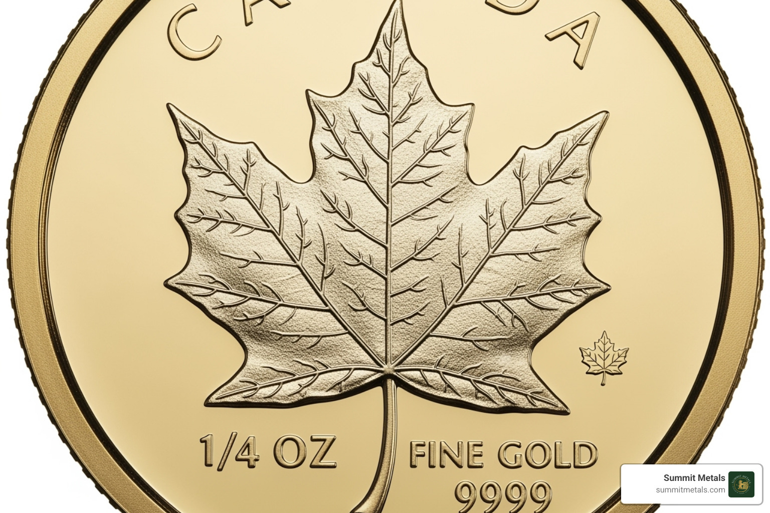 Reverse side of the 1/4 oz Gold Maple Leaf coin showing the detailed maple leaf and micro-engraved security mark - 1 4 oz gold maple leaf coin