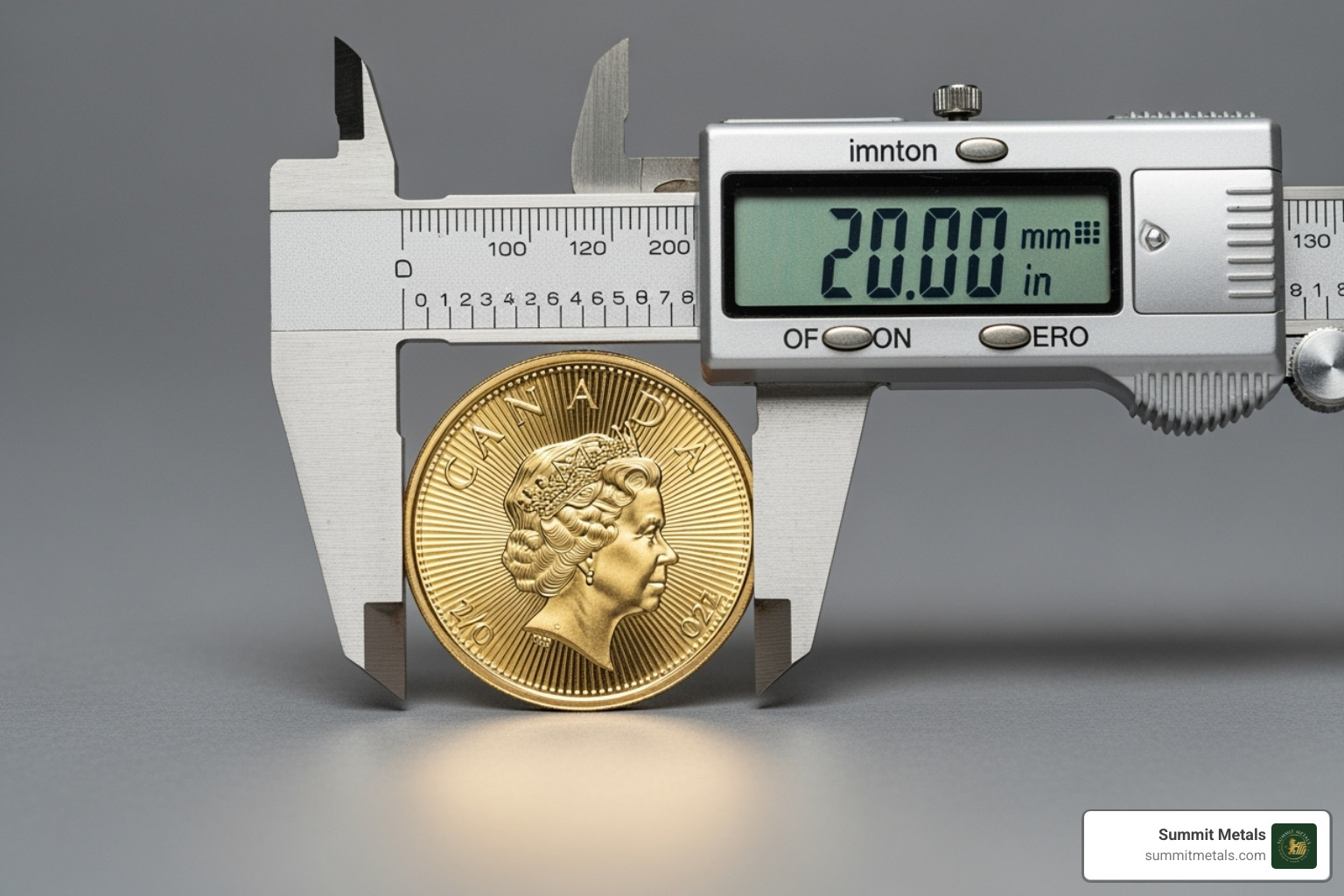 Calipers measuring the 20mm diameter of a 1/4 oz Gold Maple Leaf coin - 1 4 oz gold maple leaf coin