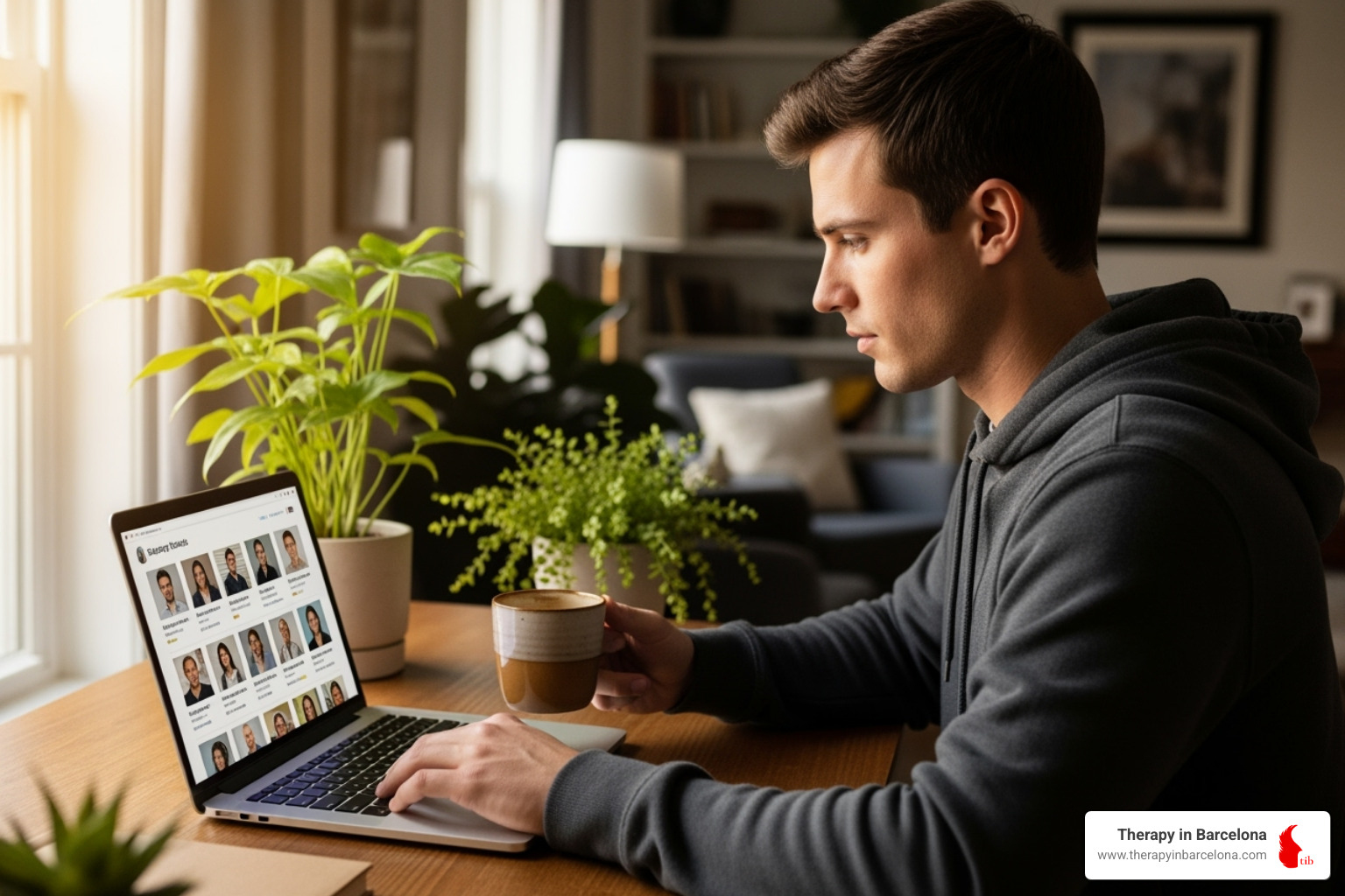 A person browsing therapist profiles on a laptop, surrounded by plants and a coffee cup - therapy for young adults A person browsing therapist profiles on a laptop, surrounded by plants and a coffee cup - therapy for young adults