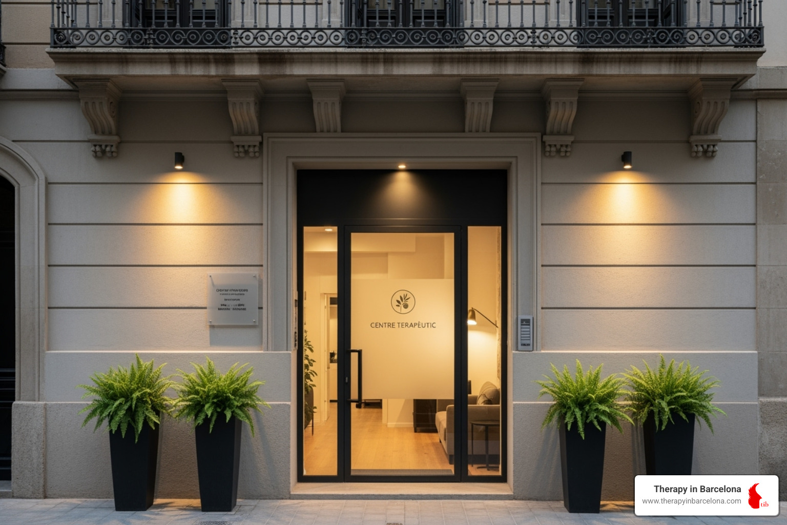 The inviting entrance of the Therapy in Barcelona office, located in the Eixample district - therapy for young adults The inviting entrance of the Therapy in Barcelona office, located in the Eixample district - therapy for young adults