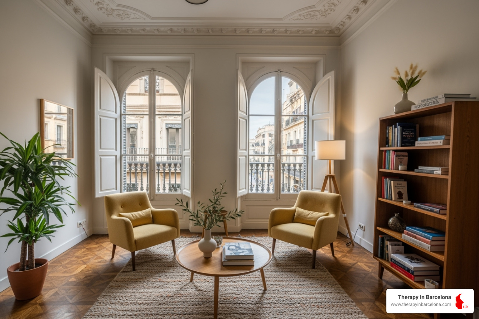 A warm and inviting therapy office in Barcelona, with comfortable seating and natural light - therapy for young adults A warm and inviting therapy office in Barcelona, with comfortable seating and natural light - therapy for young adults