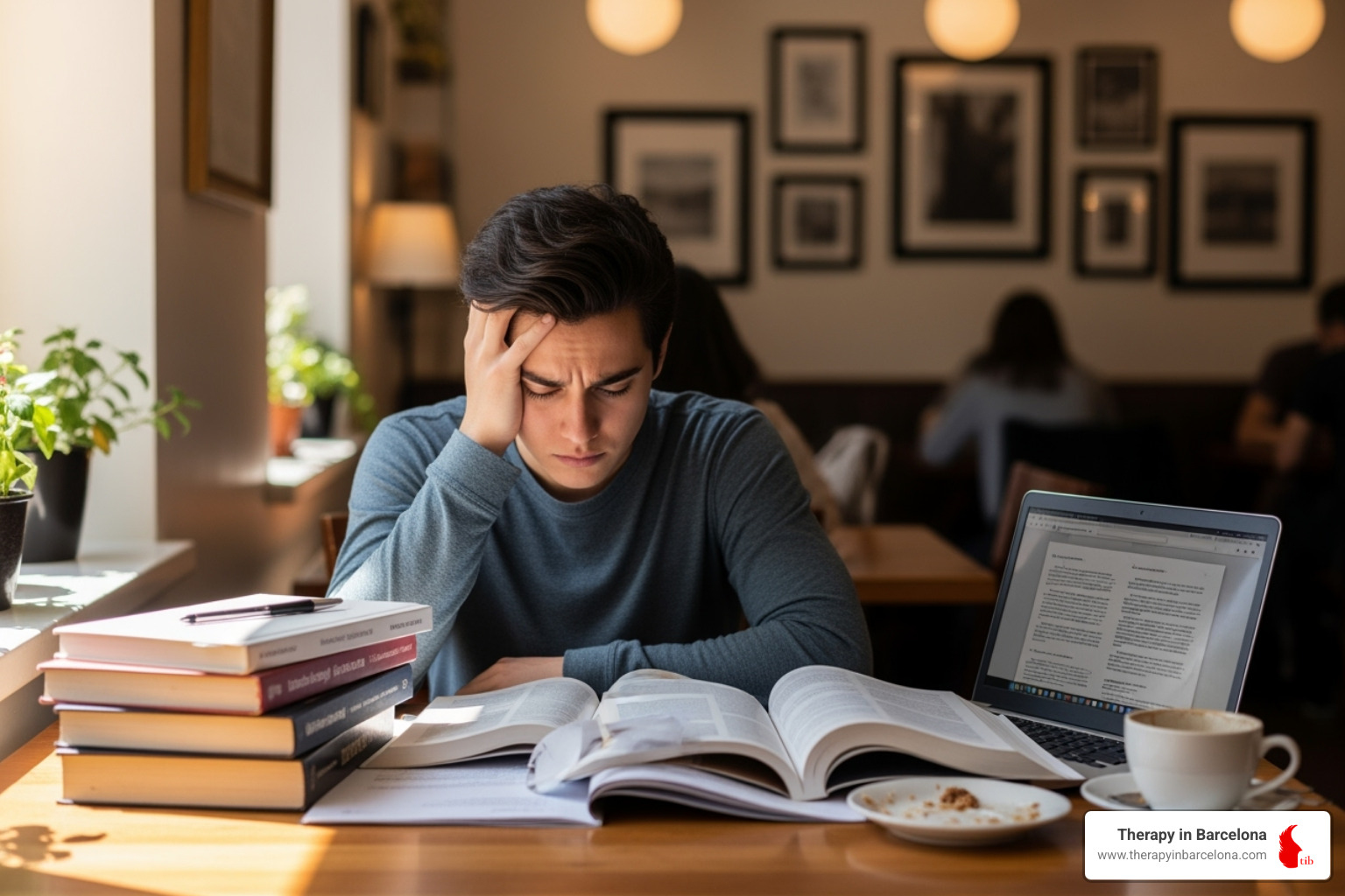 A young adult looking stressed while studying in a cafe in Valencia, surrounded by books and a laptop - therapy for young adults A young adult looking stressed while studying in a cafe in Valencia, surrounded by books and a laptop - therapy for young adults