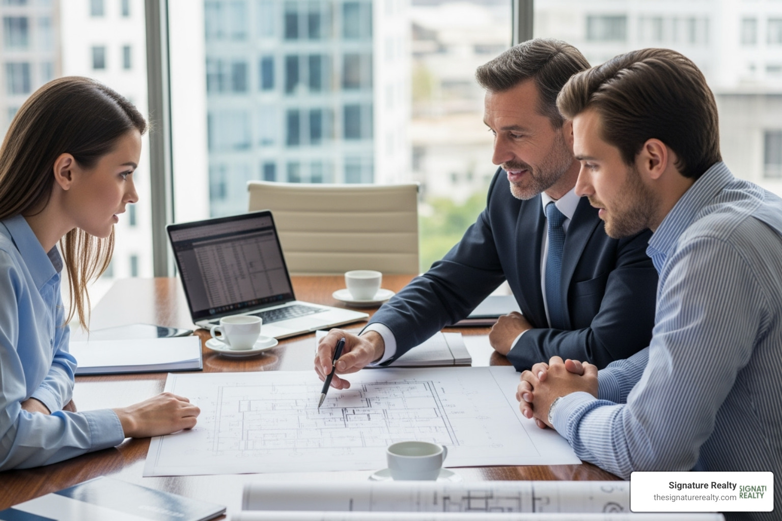 real estate advisor reviewing blueprints with a client - Commercial real estate Miami real estate advisor reviewing blueprints with a client - Commercial real estate Miami