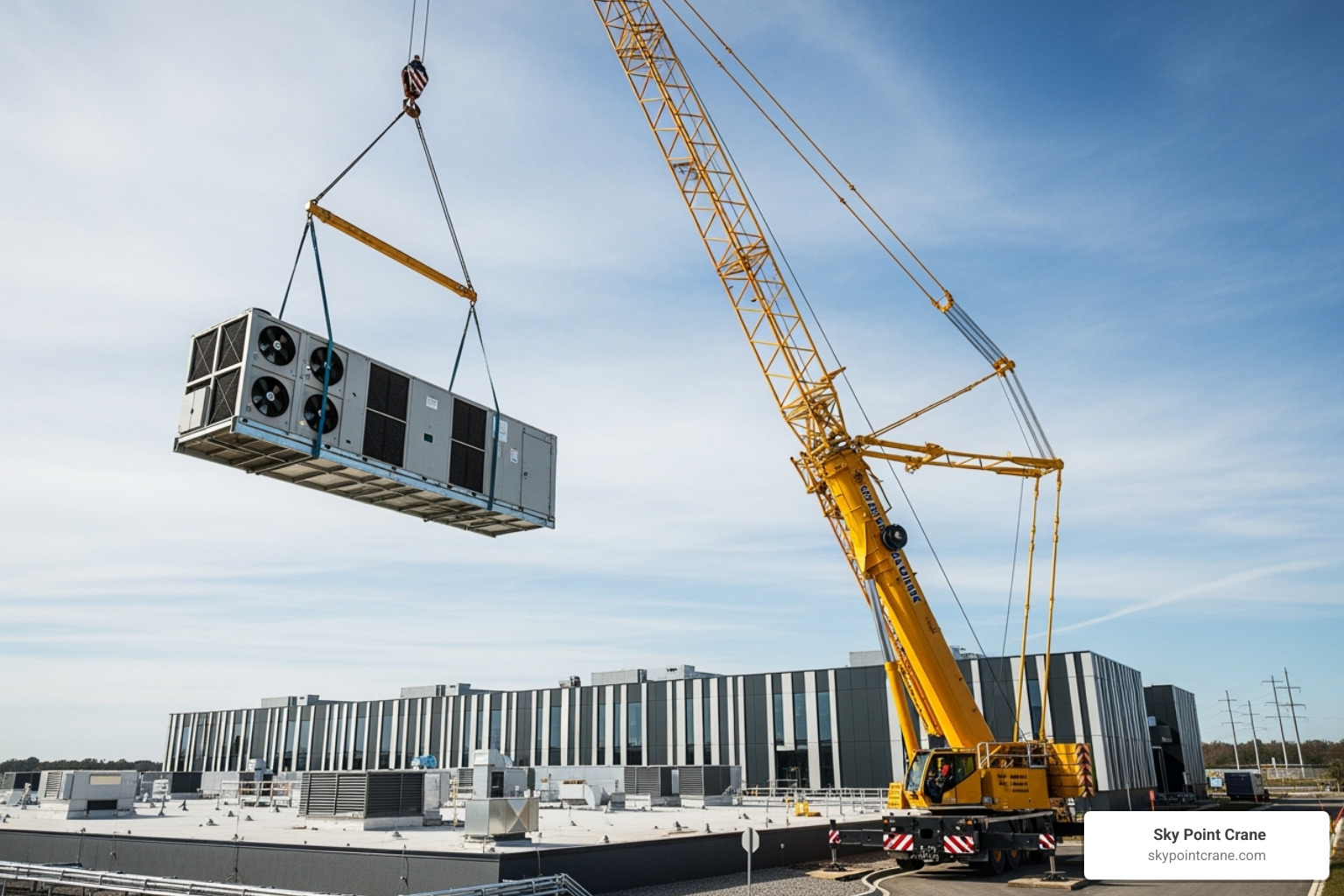 Crane lifting a large HVAC unit onto a data center roof - Mission critical facility Crane lifting a large HVAC unit onto a data center roof - Mission critical facility