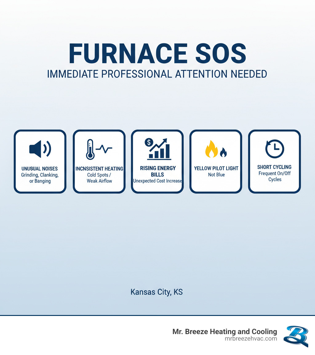 Signs your furnace needs immediate professional attention including unusual noises, inconsistent heating, rising energy bills, yellow pilot light, and short cycling - best furnace repair kansas city ks infographic 