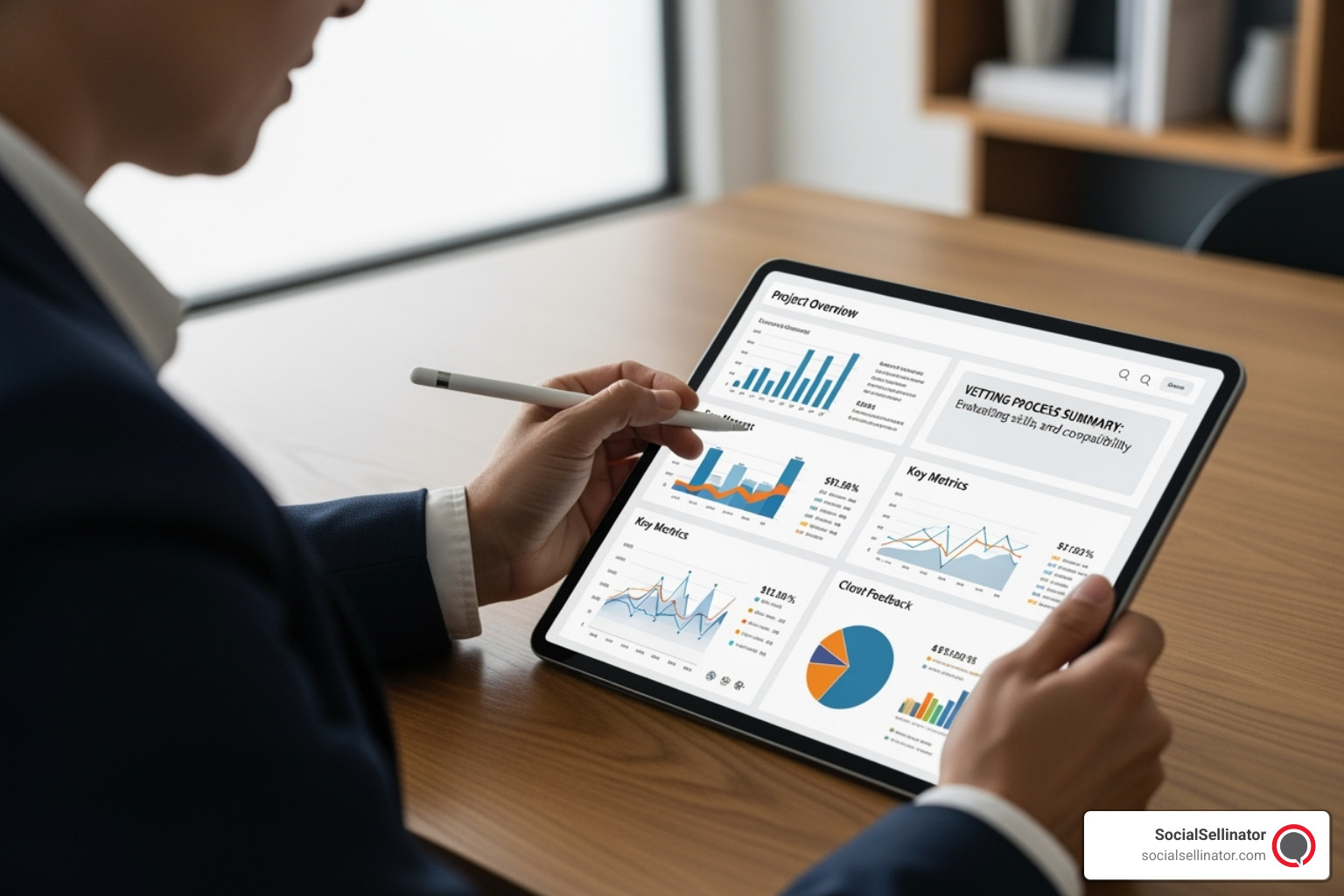 A person reviewing a writer's portfolio on a tablet, with charts and text visible on the screen, representing the vetting process - Hire blog writer
