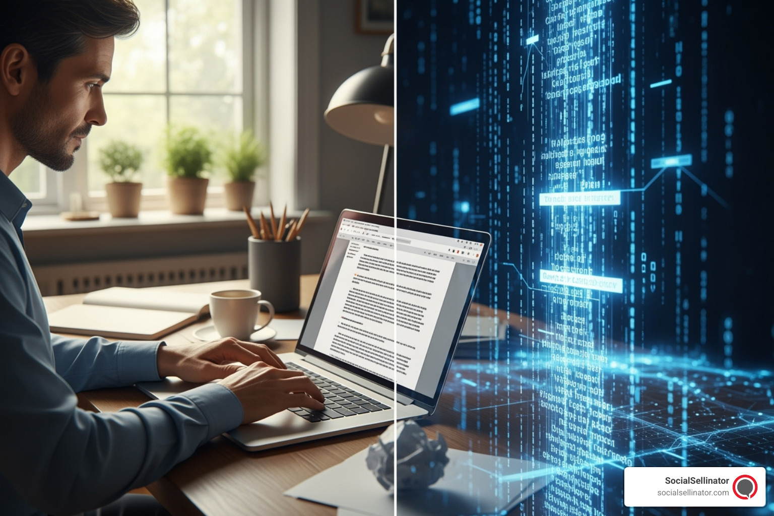 A split screen showing a human writer on one side and an AI interface on the other, collaborating on content creation - Hire blog writer
