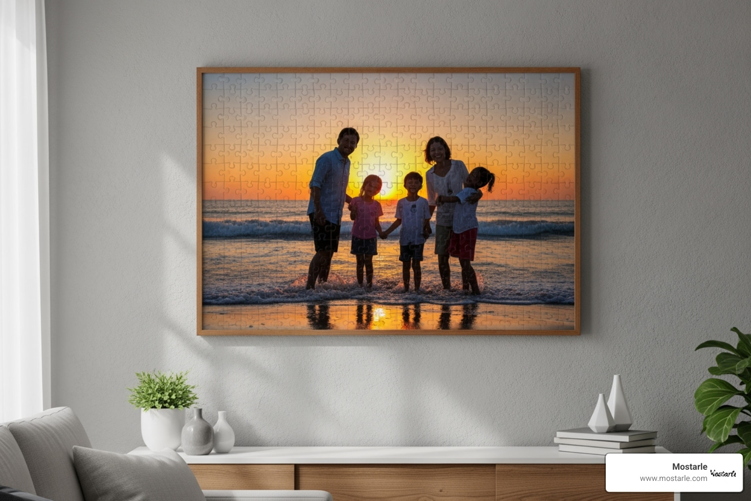 A finished personalised puzzle framed and hanging on a wall as art. - personalised puzzles for adults
