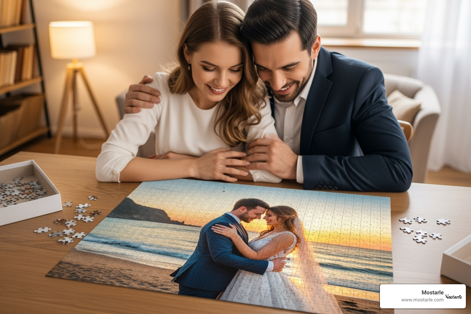 A couple happily looking at a completed puzzle made from their wedding photo. - personalised puzzles for adults