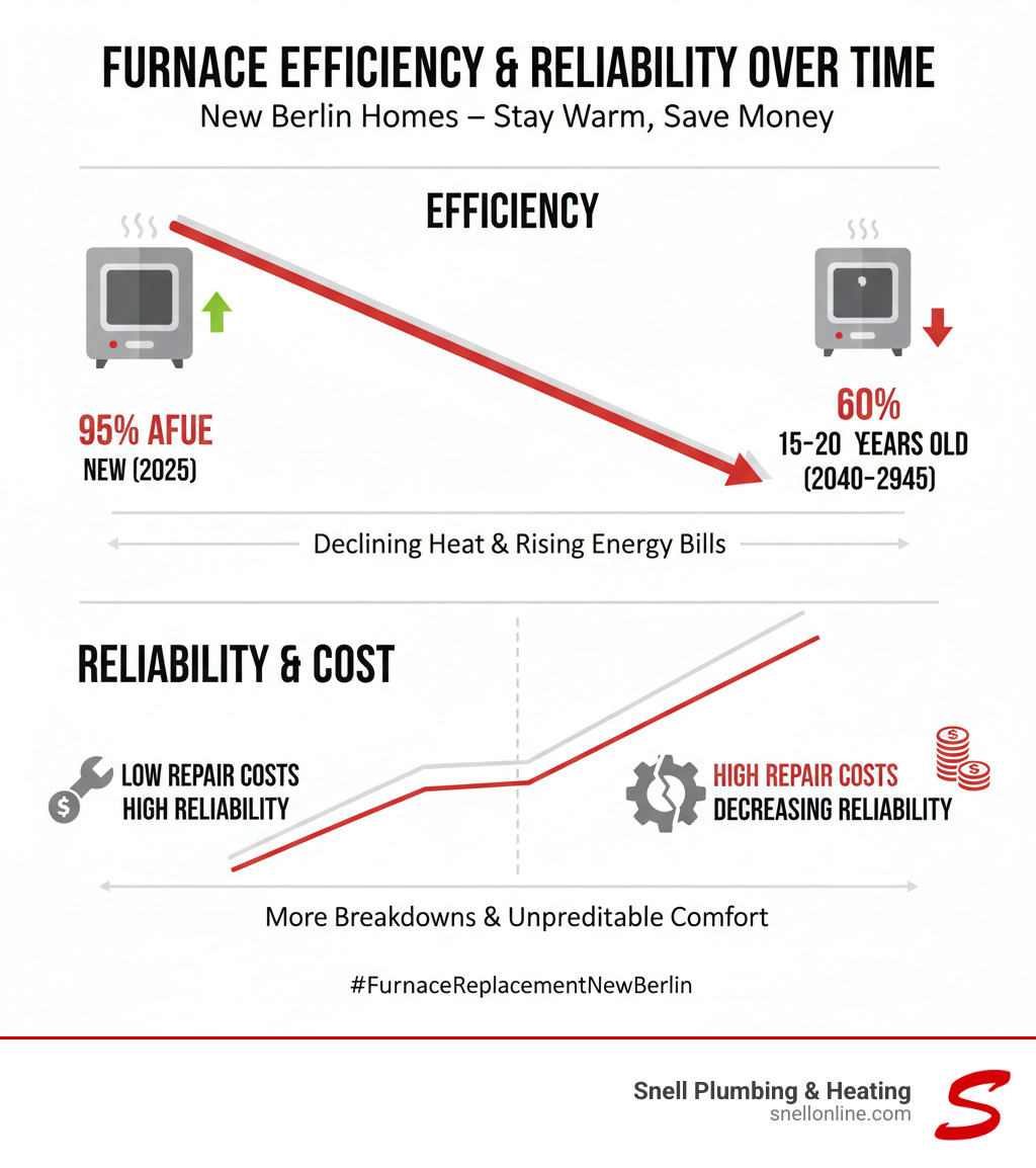 Infographic showing furnace efficiency declining from 95% AFUE when new to 60% efficiency after 15-20 years, with rising repair costs and decreasing reliability over time - furnace replacement new berlin infographic 