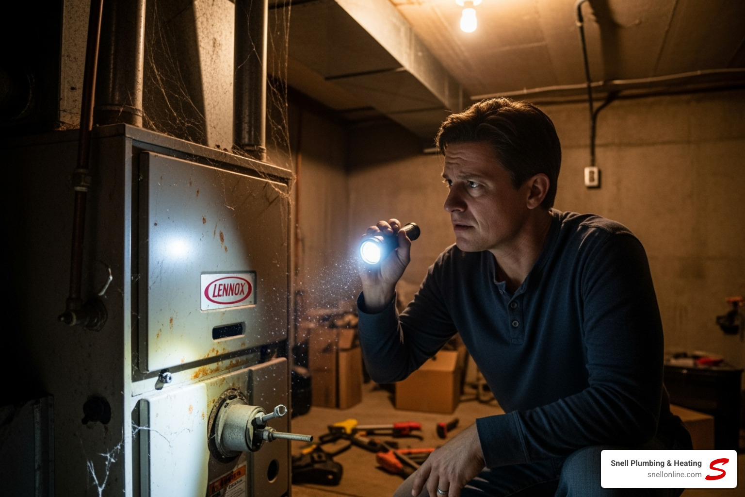 Image of a homeowner looking at an old, dusty furnace - furnace replacement new berlin