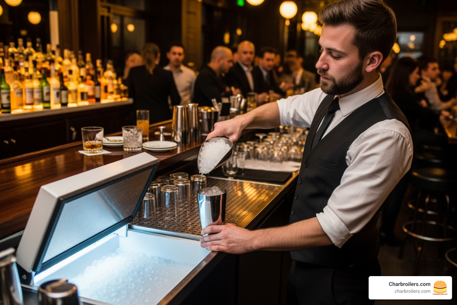 Bartender scooping ice from a large undercounter machine - best ice maker machine for business Bartender scooping ice from a large undercounter machine - best ice maker machine for business