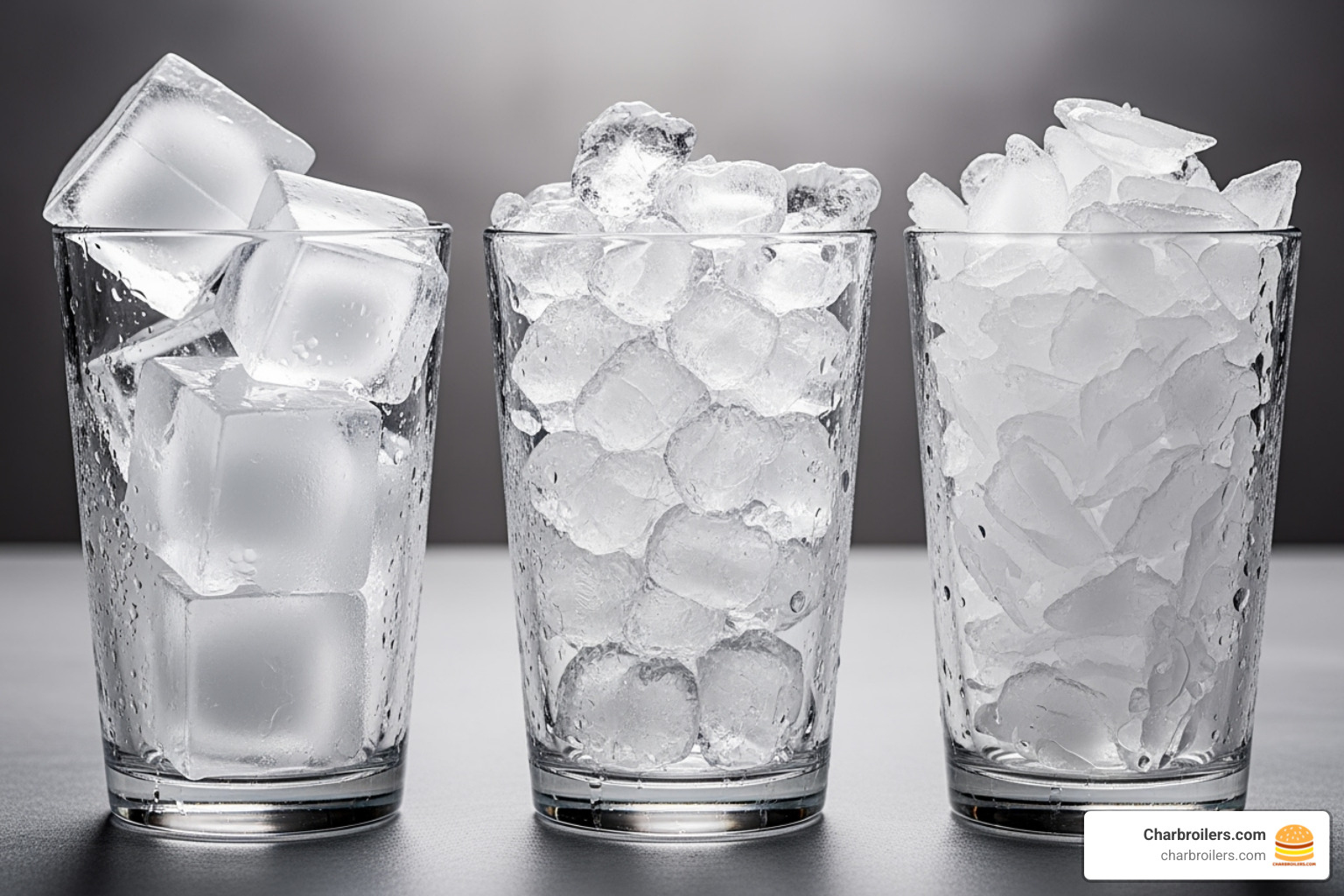 Glasses showing cube, nugget, and flake ice side-by-side - best ice maker machine for business Glasses showing cube, nugget, and flake ice side-by-side - best ice maker machine for business