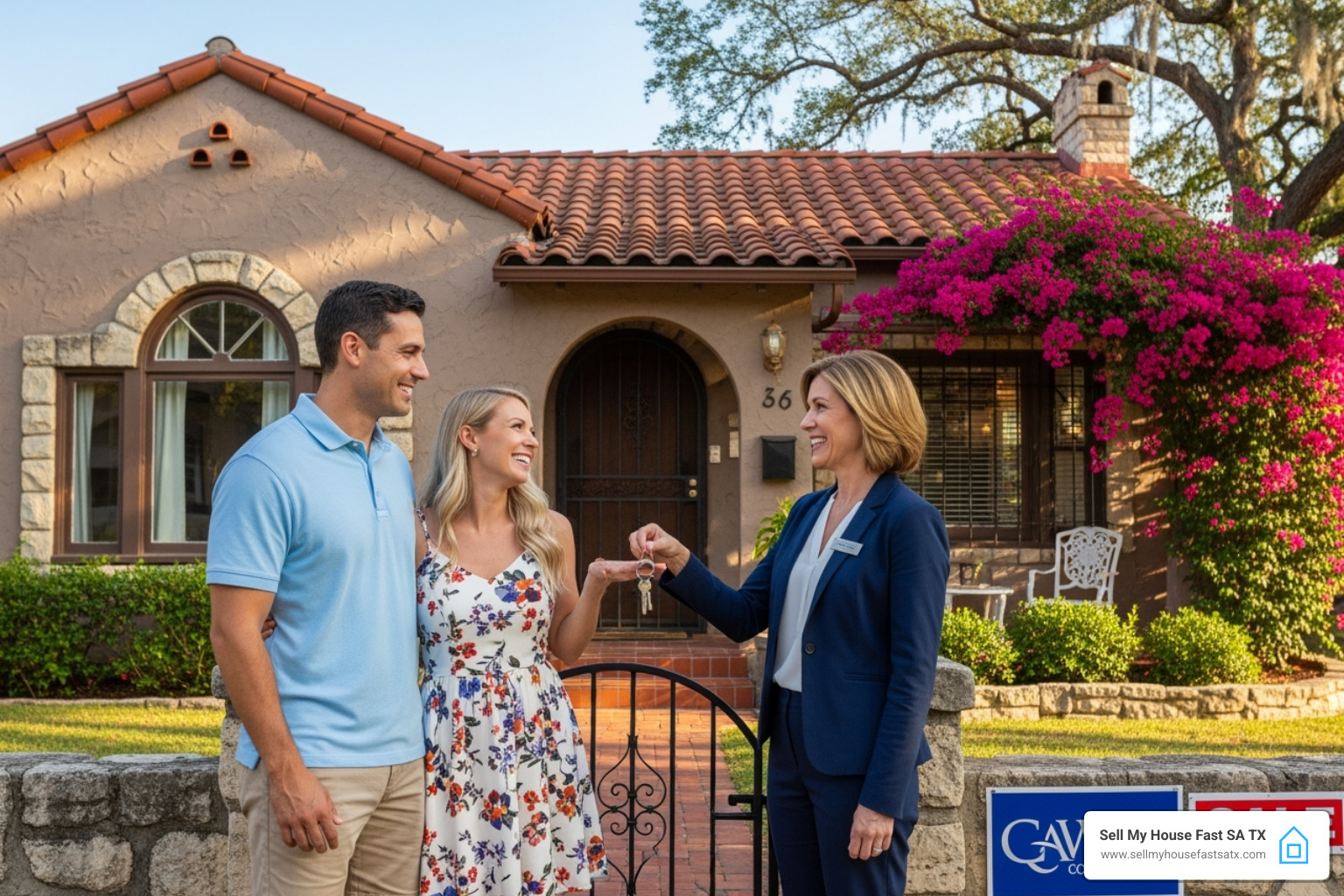 Happy homeowners handing keys to a representative of Sell My House Fast SA TX - can i sell my deceased parents house without probate Happy homeowners handing keys to a representative of Sell My House Fast SA TX - can i sell my deceased parents house without probate
