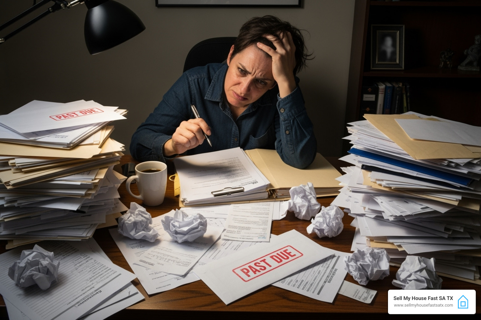 Person looking stressed while reviewing a pile of bills and documents - can i sell my deceased parents house without probate Person looking stressed while reviewing a pile of bills and documents - can i sell my deceased parents house without probate