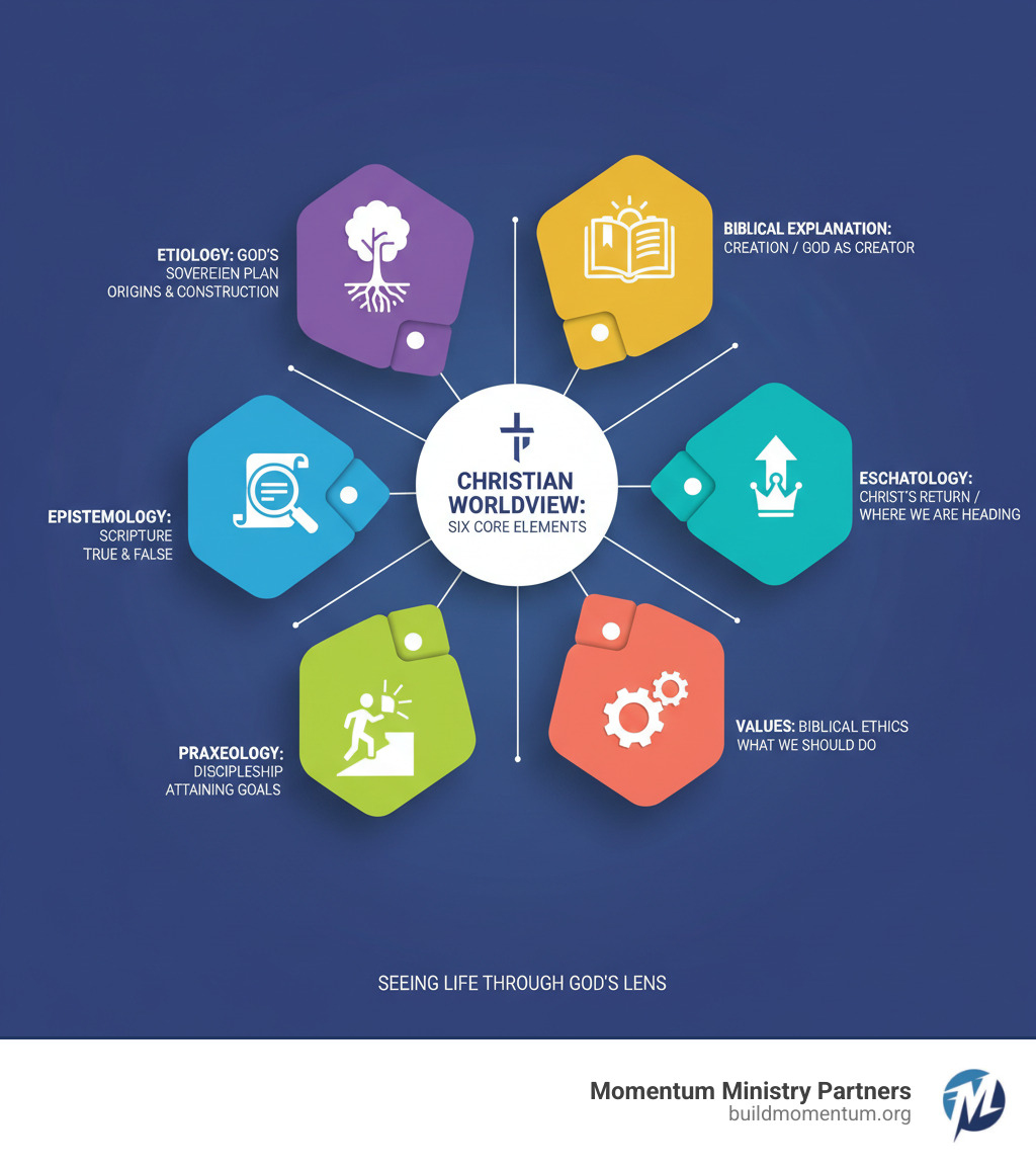 Infographic showing the six core elements of a Christian worldview: Biblical explanation of the world through Creation showing God as Creator, eschatology addressing where we are heading through Christ's return, values defining what we should do through Biblical ethics, praxeology showing how we should attain our goals through discipleship, epistemology determining what is true and false through Scripture, and etiology accounting for origins and construction through God's sovereign plan - christian world view infographic 