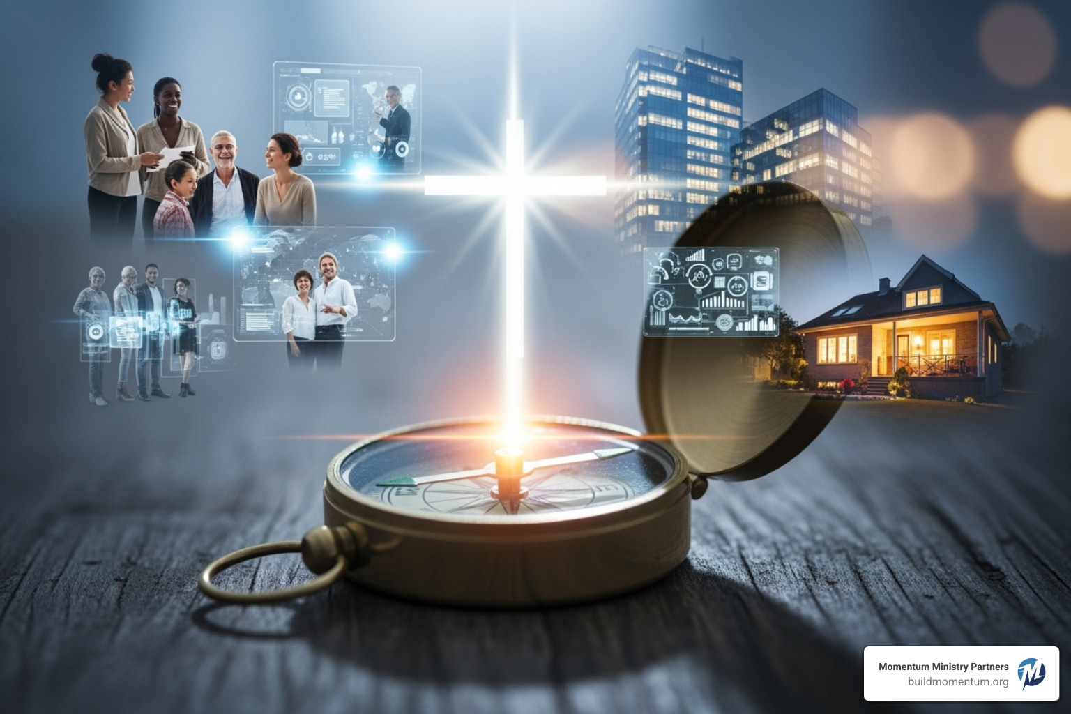 A compass pointing towards a cross, surrounded by words like 'culture', 'media', 'career', and 'family', depicting guidance through faith - christian world view