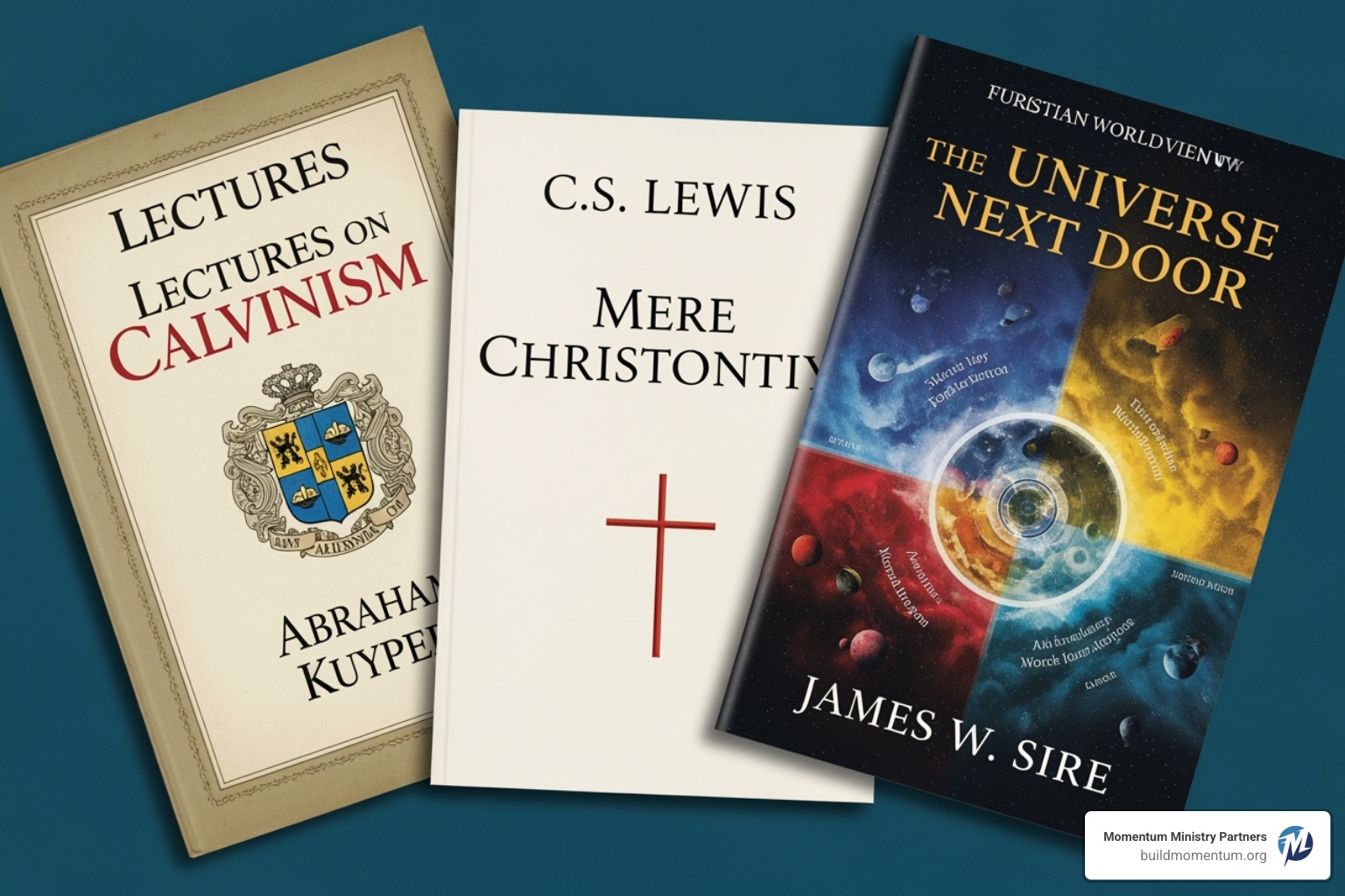 A collage of book covers including *Mere Christianity*, *Lectures on Calvinism*, and *The Universe Next Door*, representing foundational texts on Christian worldview - christian world view