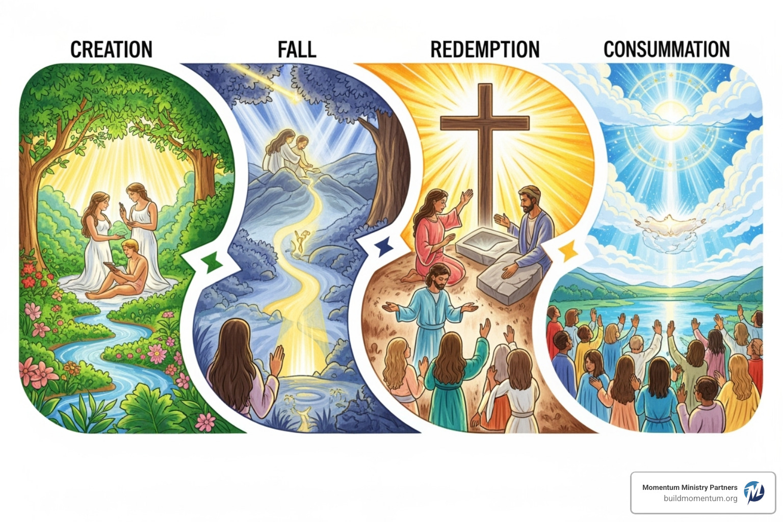 A simple timeline graphic illustrating the four stages: Creation, Fall, Redemption, and Consummation, with positive imagery for each stage - christian world view