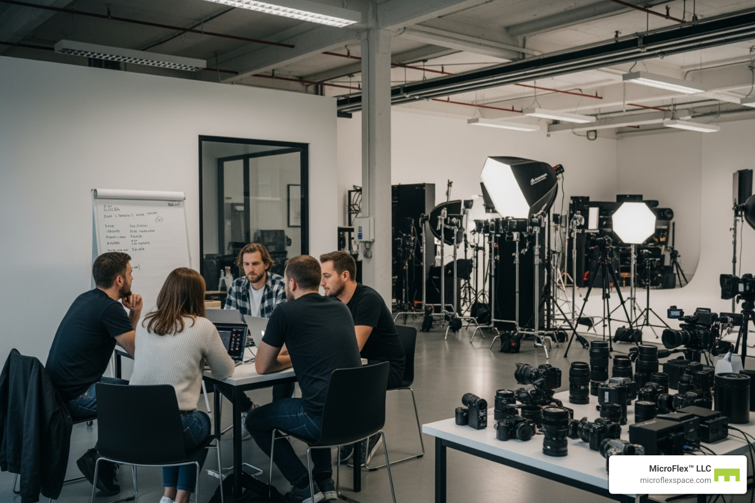 team collaborating in an office area within a larger studio space - Microflex Space for Film and Photography studios team collaborating in an office area within a larger studio space - Microflex Space for Film and Photography studios