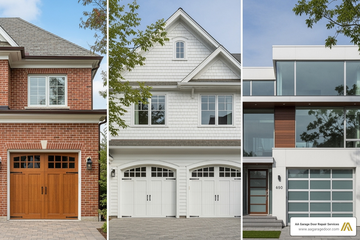 three different homes showcasing traditional, carriage house, and modern garage doors - garage door installation Wisconsin three different homes showcasing traditional, carriage house, and modern garage doors - garage door installation Wisconsin