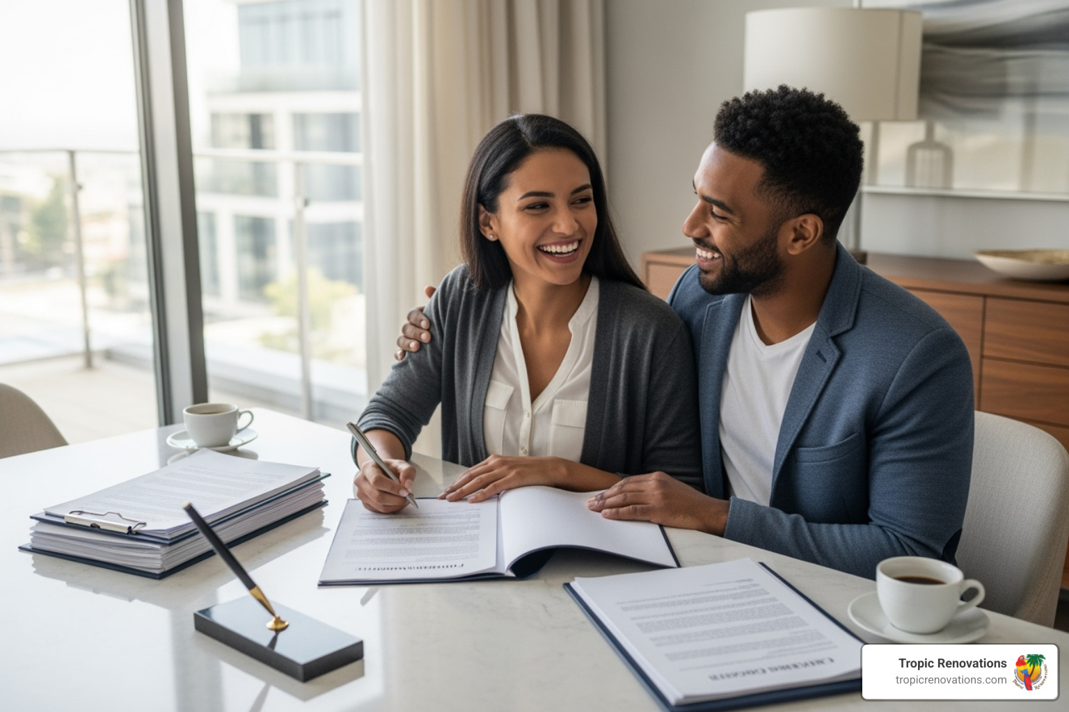 A couple smiling while signing documents for their new home purchase - Southwest Florida homes?