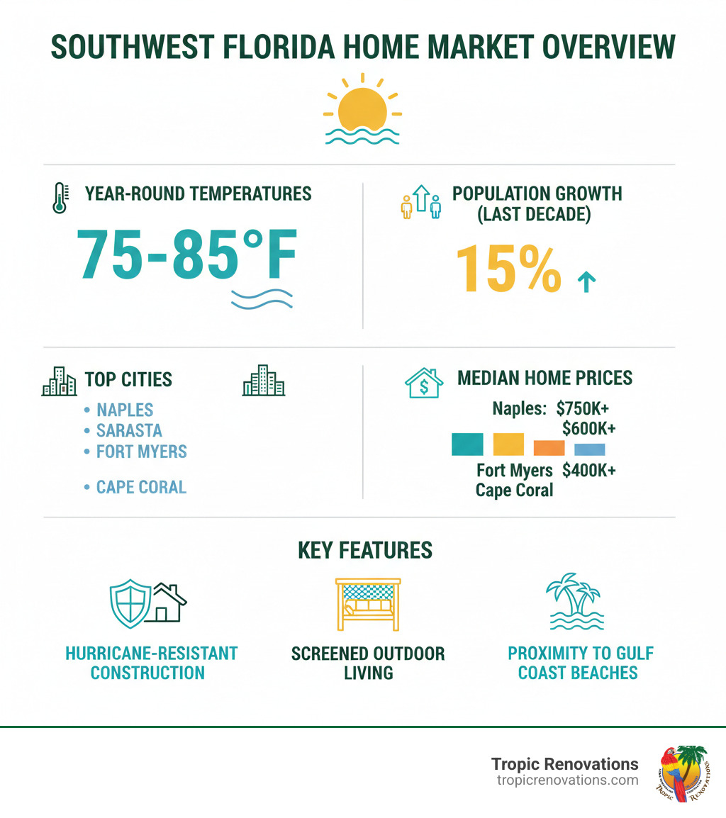 Infographic showing Southwest Florida home market overview with average temperatures of 75-85°F year-round, population growth of 15% over past decade, top cities including Naples, Sarasota, Fort Myers, and Cape Coral, median home prices by area, and key features like hurricane-resistant construction, screened outdoor living spaces, and proximity to Gulf Coast beaches - Southwest Florida homes? infographic 