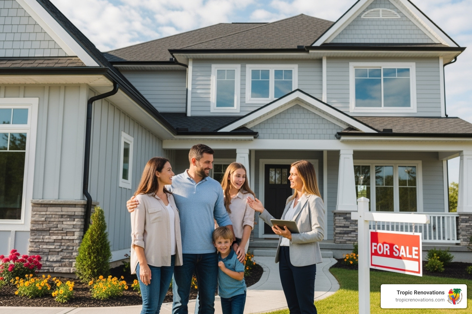 A family smiling and talking with a real estate agent in front of a new home - Southwest Florida homes?